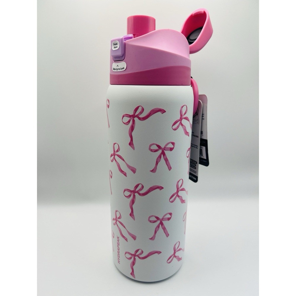 HydraPeak Pink Bow Water Bottle 32oz Insulated Leak Proof Carry‎ Handle Girly